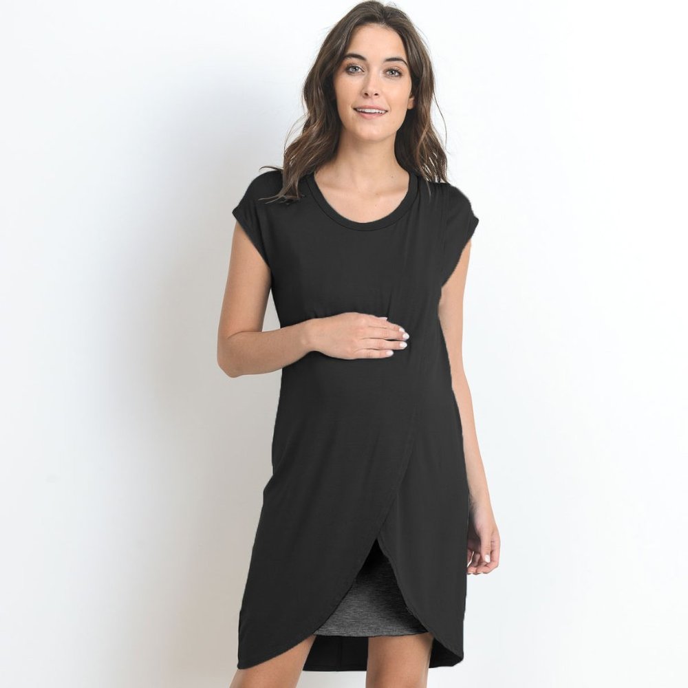 [CND1059] BK/CH Round Neck Color Block Asymmetrical Wrap Modal Nursing Tunic